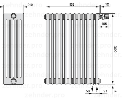 Схема (чертеж) Радиатор Zehnder Charleston 6200/12 №V002 Белый глянцевый RAL 9016